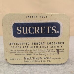 Vintage SUCRETS Antiseptic Throat Lozenges Tin Merck Sharp & Dohme Collectible
